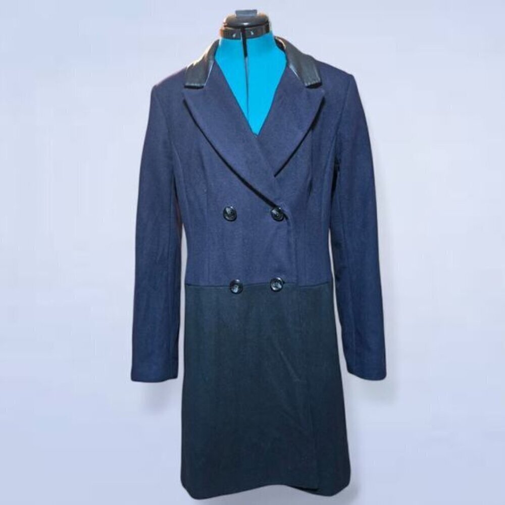 Vince Camuto Virgin Wool Colourblock Pea Coat with Faux Leather Collar - Large